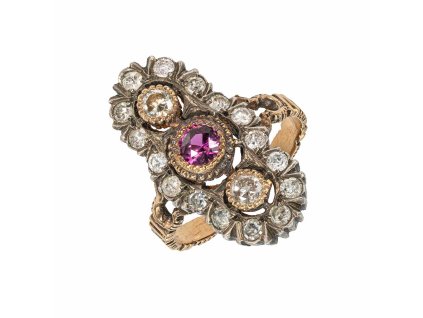 Starožitný zlatý prsten s přírodními diamanty a rubínem 1,05 ct