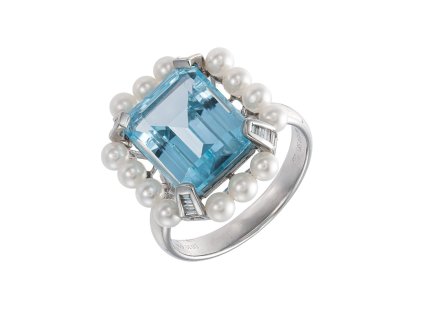 Zlatý prsten s přírodním topazem 6,50 ct, diamanty a perličkami