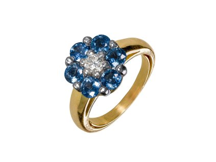 Zlatý prsten s přírodním diamantem a přírodními safíry