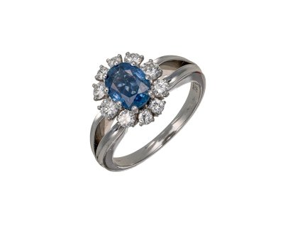 Zlatý prsten s přírodním safírem (1,38 ct) a přírodními diamanty (0,70 ct, výjimečně bílý)