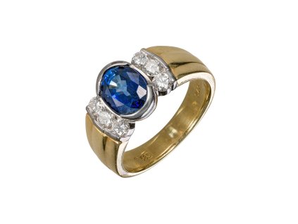 Zlatý prsten s přírodními diamanty a přírodním safírem
