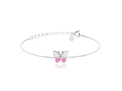 Třpytivý dětský stříbrný náramek MOTÝLEK s růžovým opálem