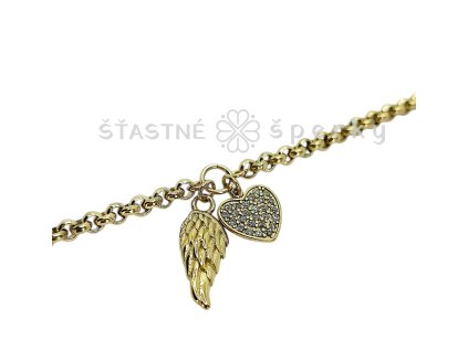 Ocelový pozlacený náramek křídlo a srdíčko