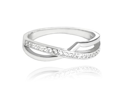 Křížený stříbrný prsten s bílými zirkony