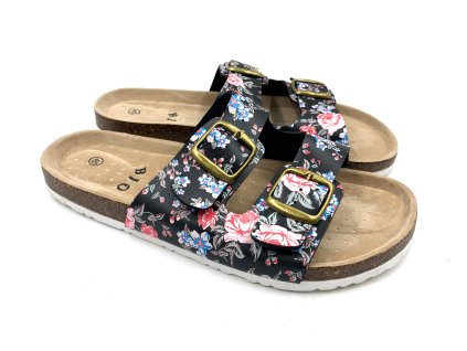 Dámské korkové biopantofle černé s květy (Velikost 36)