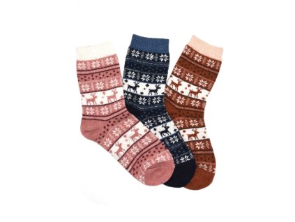 Dámské vlněné ponožky ANGORA s norským vzorem 3-pack - růžová/modrá/oranžová