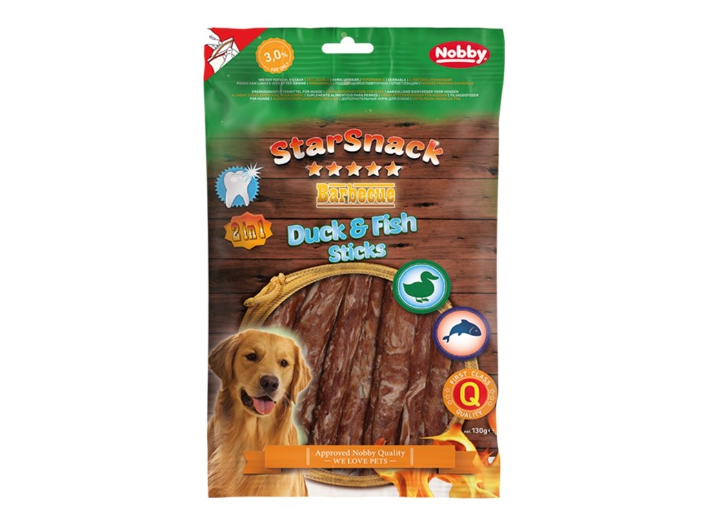 33609 2 nobby starsnack bbq duck fish stick pamlsky 130g z kategorie chovatelske potreby a krmiva pro psy pamlsky pro psy zvykaci pamlsky pro psy