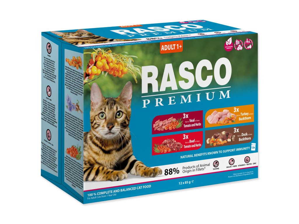 52821 1 kapsicky rasco premium cat pouch adult 3x beef 3x veal 3x turkey 3x duck 1020 g z kategorie chovatelske potreby a krmiva pro kocky krmivo a pamlsky pro kocky kapsicky pro kocky
