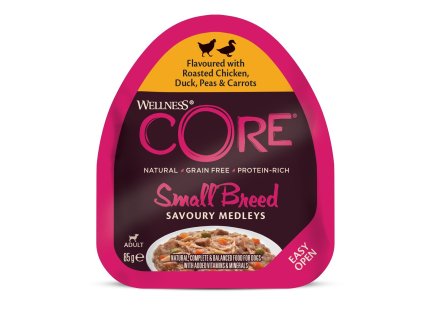 96907 konzerva wellness core dog savoury medleys adult small kure kachna hrasek a mrkev 85g