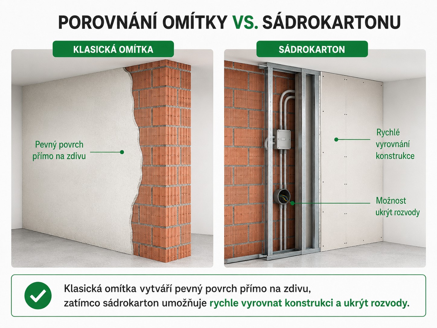 Porovnání klasické omítky a sádrokartonové předstěny