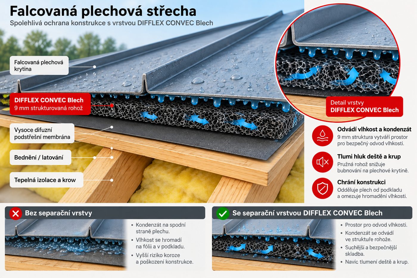 DIFFLEX CONVEC Blech – princip separační vrstvy pod falcovanou plechovou krytinou
