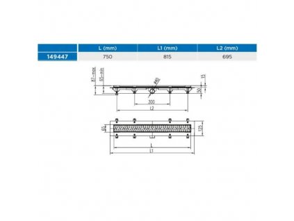 Žlab podlahový lineární 750 mm, D 40 mm, boční, medium mat, ENPRO