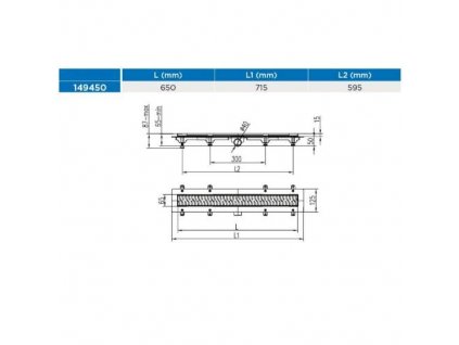 Žlab podlahový linearní 650 mm, D 40 mm, boční, medium mat, ENPRO