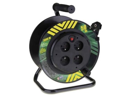 Kabel prodlužovací, 50m / 230V, cívka, 4 zásuvky, pevný střed