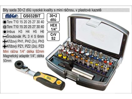 Bity sada 30+2 vysoké kvality s mini ráčnou, v plastové kazetě