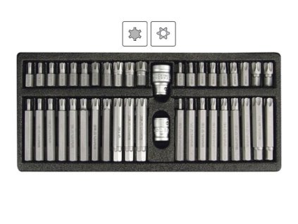 Bity Torx (vrtané) a Ribe (hranaté Torxy), sada 42 dílů, pro ráčny 3/8“ a 1/2", Yato