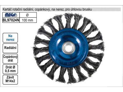 Kartáč rotační na nerez radiální 100mm copánkový pro úhlovou brusku