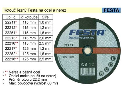 Kotouč  řezný na  ocel Festa 115x2,5mm