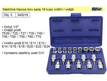 Nástrčné hlavice torx sada 19 kusů s vnitřním a vnější