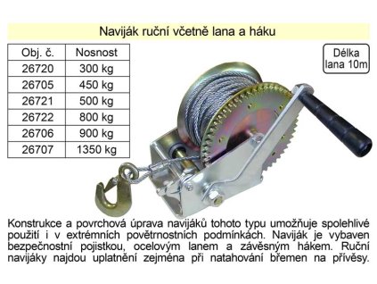 Naviják ruční včetně lana a háku, nosnost  300kg