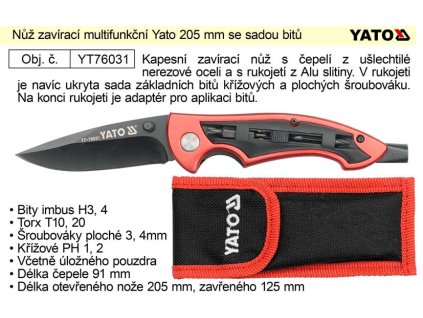 Nůž zavírací multifunkční Yato 205 mm se sadou bitů