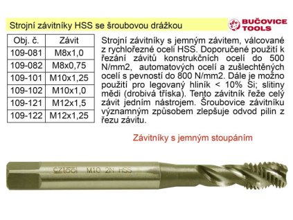 Strojní závitník M10x1,25 HSS šroubová drážka jemný závit