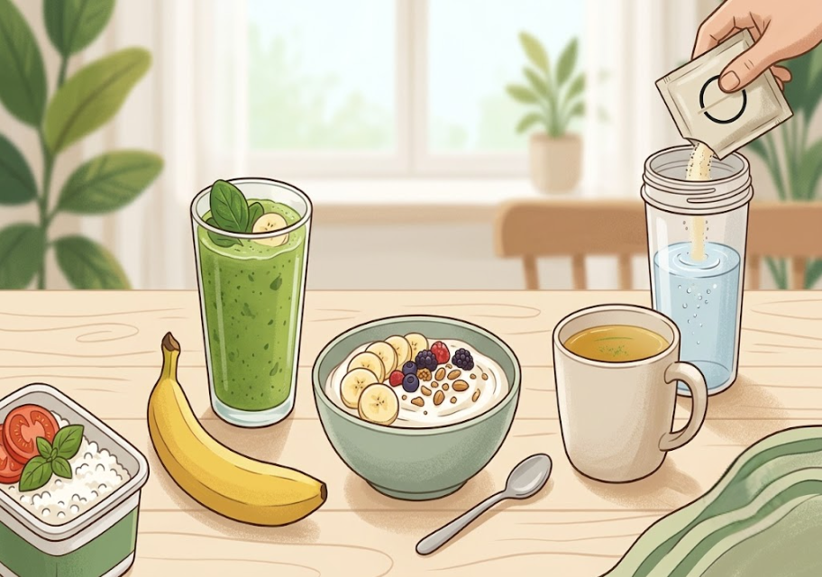 Ilustrace lehkých jídel vhodných pro pacienty na GLP-1 s nízkou chutí — řecký jogurt, bujón, banán a smoothie