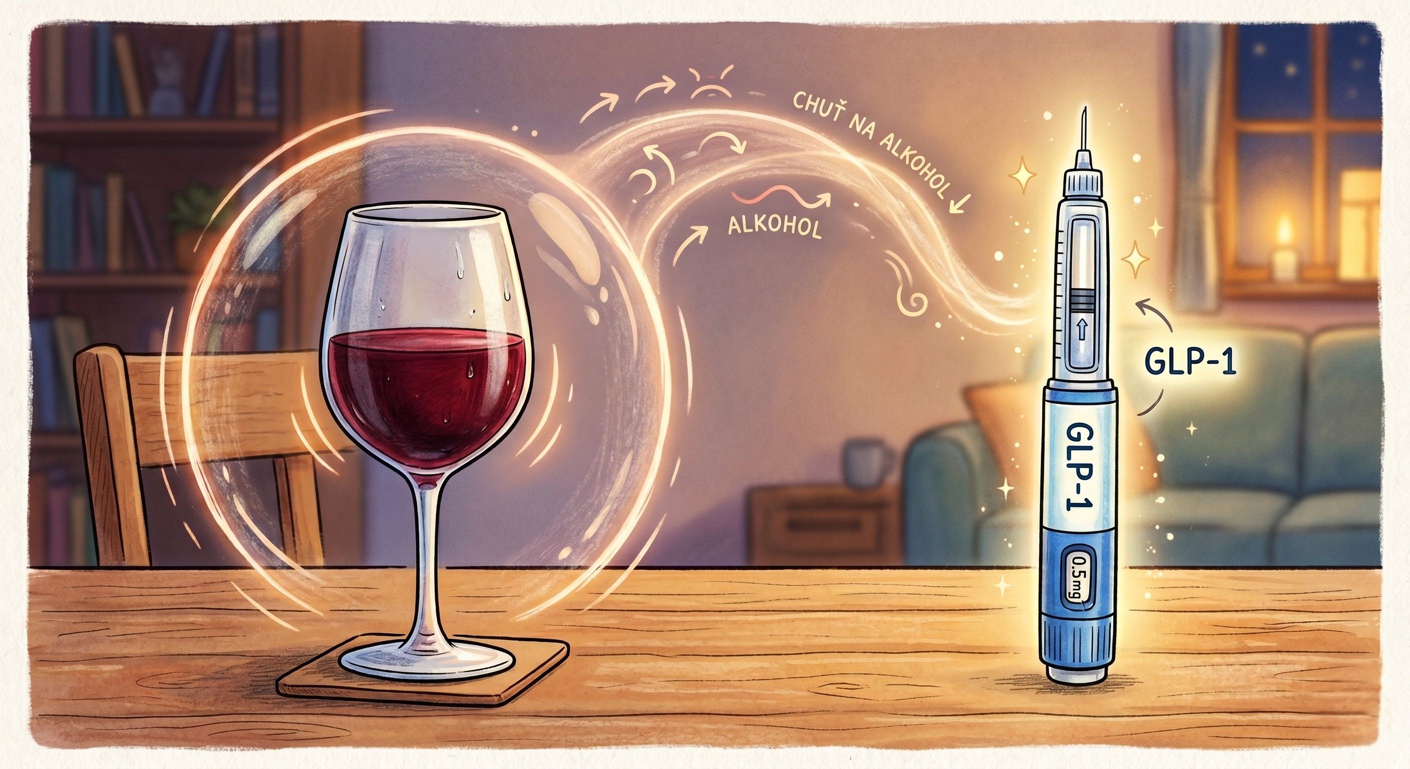 Ilustrace odložené sklenky vína a injekčního pera GLP-1 — vizualizace vztahu mezi GLP-1 terapií a chutí na alkohol