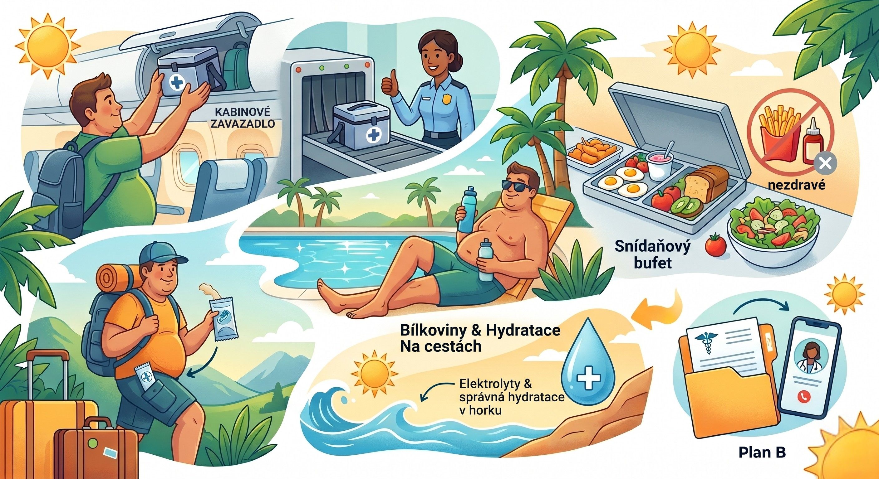 Ilustrace pacienta na dovolené s injekčním perem Mounjaro a praktickými potřebami pro cestu