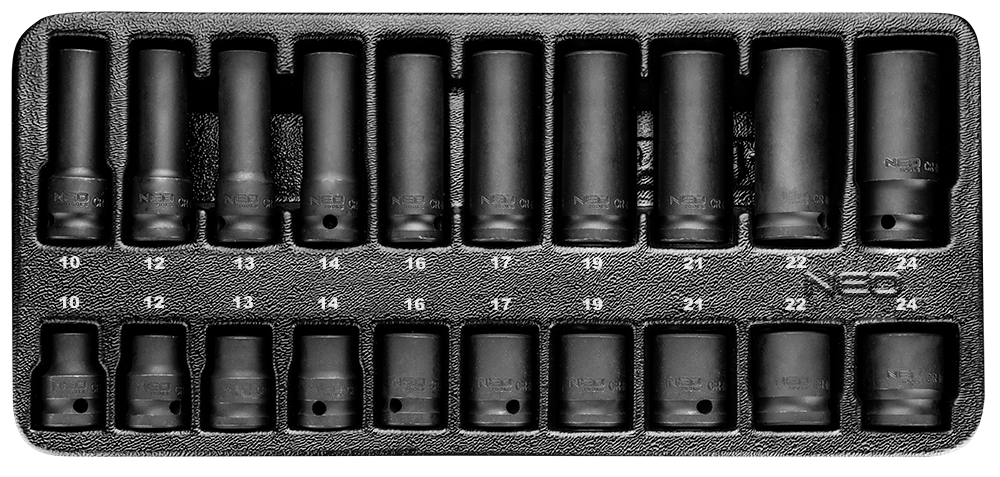 NEO Príklepové nástavce 1/2", 10-24 mm, súprava 20 ks  NEO Príklepové nástavce 1/2", 10-24 mm, súprava 20 ks