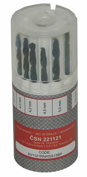 Sada vrtákov 13-dielna 1,50-6,50x0,5mm+3,30+4,20 ČSN221121RNHSS Pasivovaná kulatý obal  Sada vrtákov 13-dielna 1,50-6,50x0,5mm+3,30+4,20…