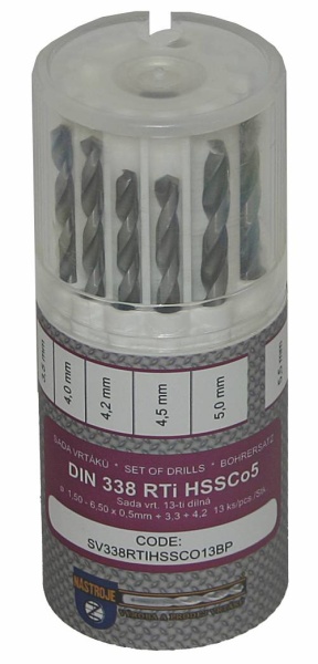 Sada vrtákov 13-dielna 1,50-6,50x0,5mm+3,30+4,20 DIN338RTiHSSCo Lesklá, kulatý obal  Sada vrtákov 13-dielna 1,50-6,50x0,5mm+3,30+4,20 DIN338RTiHSSCo…