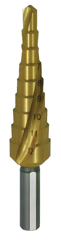 Vrták stupňovitý HSS TiN 4-12mm/9st. 4;5;6;7;8;9;10;11;12  Vrták stupňovitý HSS TiN 4-12mm/9st. 4;5;6;7;8;9;10;11;12