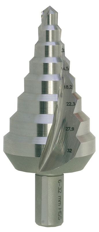 Vrták stupňovitý HSS 6-32mm/8st. - R 6;9;11,2;14,5;18,2;22,3;27,9;32  Vrták stupňovitý HSS 6-32mm/8st. - R 6;9;11,2;14,5;18,2;22,3;27,9;32