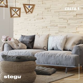 Dekorativní sádrové obklady CRETA 1 Světle béžové obklady v imitaci štípeného kamene. Obklad na stěně za sedačkou rozzáří...