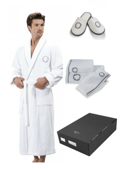 Soft Cotton Luxusní pánský župan SEHZADE s ručníkem a papučkami v dárkovém balení (Velikost M, Barva Bílá / stříbrná výšivka)