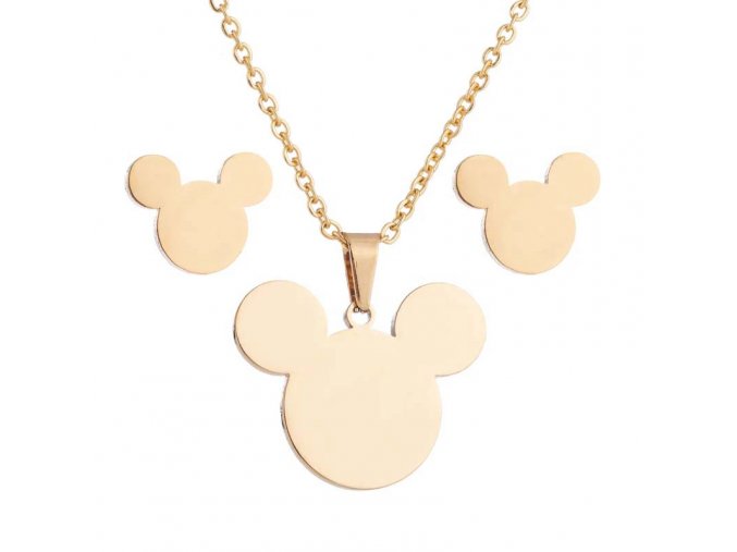 Dámsky prívesok a náušnice, Mickey Mouse zlatej farby, chirurgická oceľ (1)