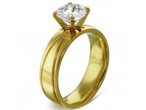 Zásnubný prsteň z ocele zlatej farby, číry kamienok, ryhy Solitér