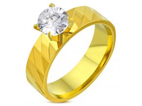 Zásnubný prsteň so zirkónom a gravírovaním, oceľ zlatej farby Solitér (1)