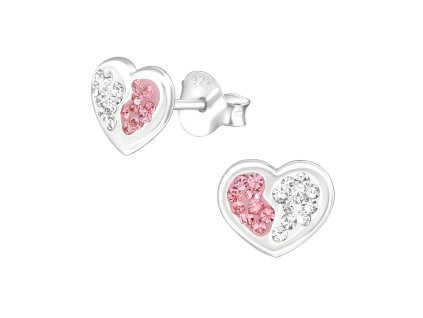 Stříbrné náušnice růžovo-bílé srdíčko