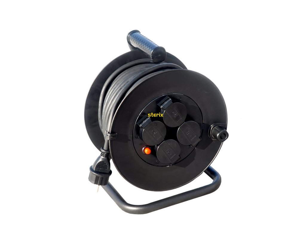 Prodlužovací kabel na bubnu - 4 zásuvky, 25m, 3 x 1,5mm, gumový, IP44, černý