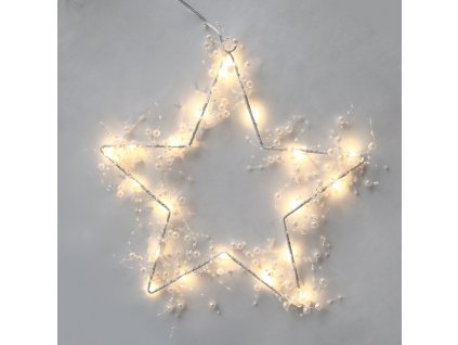 LED vánoční hvězda s perlami do okna 20 LED, teplá bílá barva, 3x baterie AA, IP44