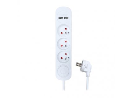 Prodlužovací přívod 230V/10A - 2m, 3 zásuvky, 2xUSB port, 3 x 1mm2, IP20, vypínač