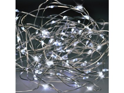 Vánoční řetěz stříbrný, 100x mini LED, 10m, 3 x AAA, studené světlo