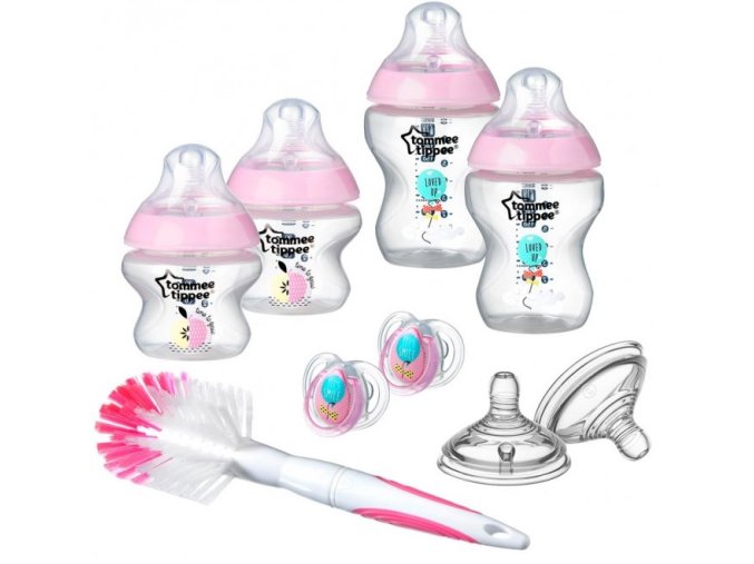 Tommee Tippee sada kojeneckých lahviček C2N s kartáčem a šidítky růžová (1)