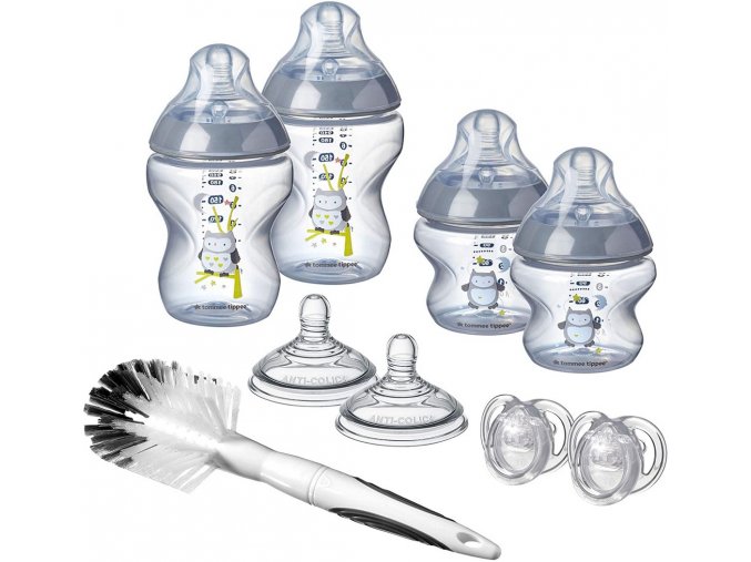 Tommee Tippee sada kojeneckých lahviček C2N s kartáčem a šidítky sovičky