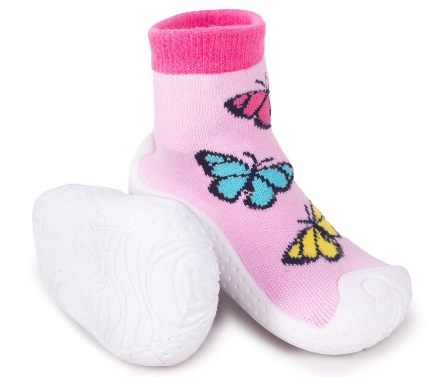 YO Ponožky s gumovou podrážkou - ponožkoboty dívčí - růžové s motýlky, velikost: 21