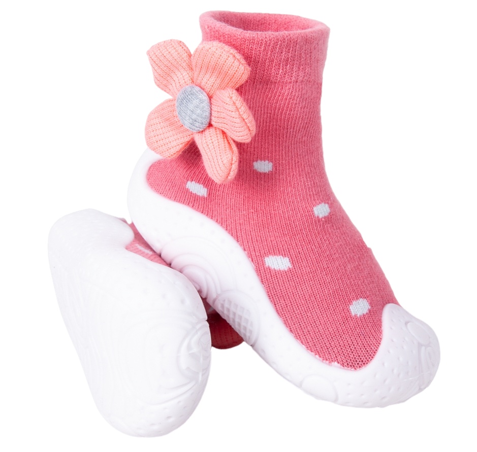 YO Ponožky s gumovou podrážkou - ponožkoboty dívčí - růžové s květem, velikost: 20