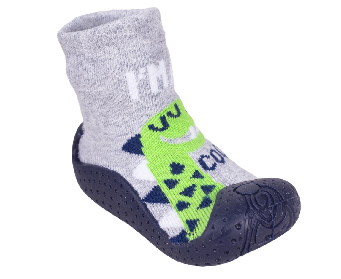 YO Ponožky s gumovou podrážkou - ponožkoboty chlapecké - šedé-dinosaur, velikost: 20