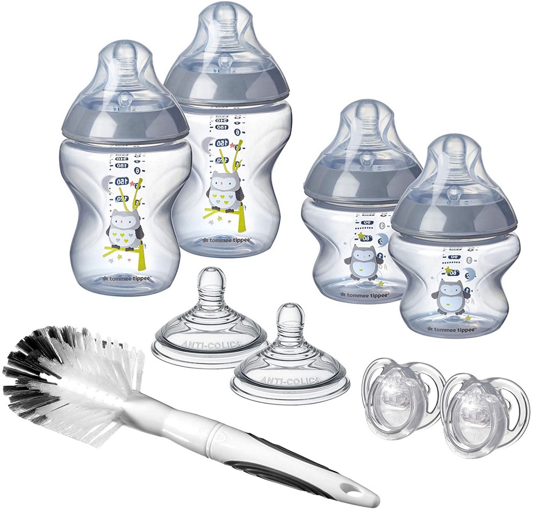 Tommee Tippee sada kojeneckých láhví C2N s kartáčem a šidítky šedé sovičky